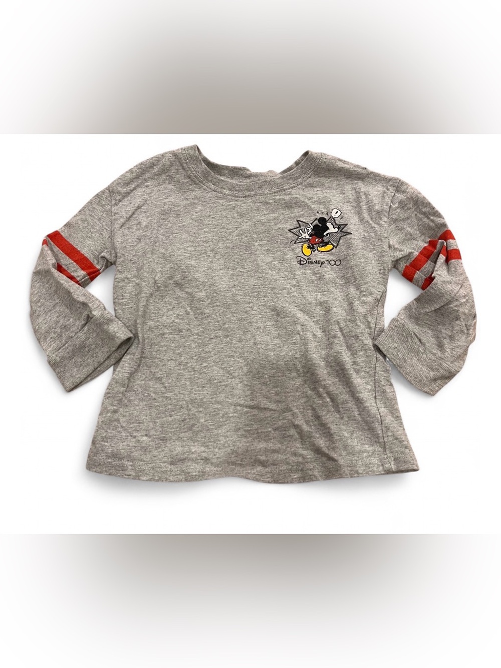 Disney KIDS Gray Long Sleeve Tee with Red Stripe Sleeve and Mickey Accent